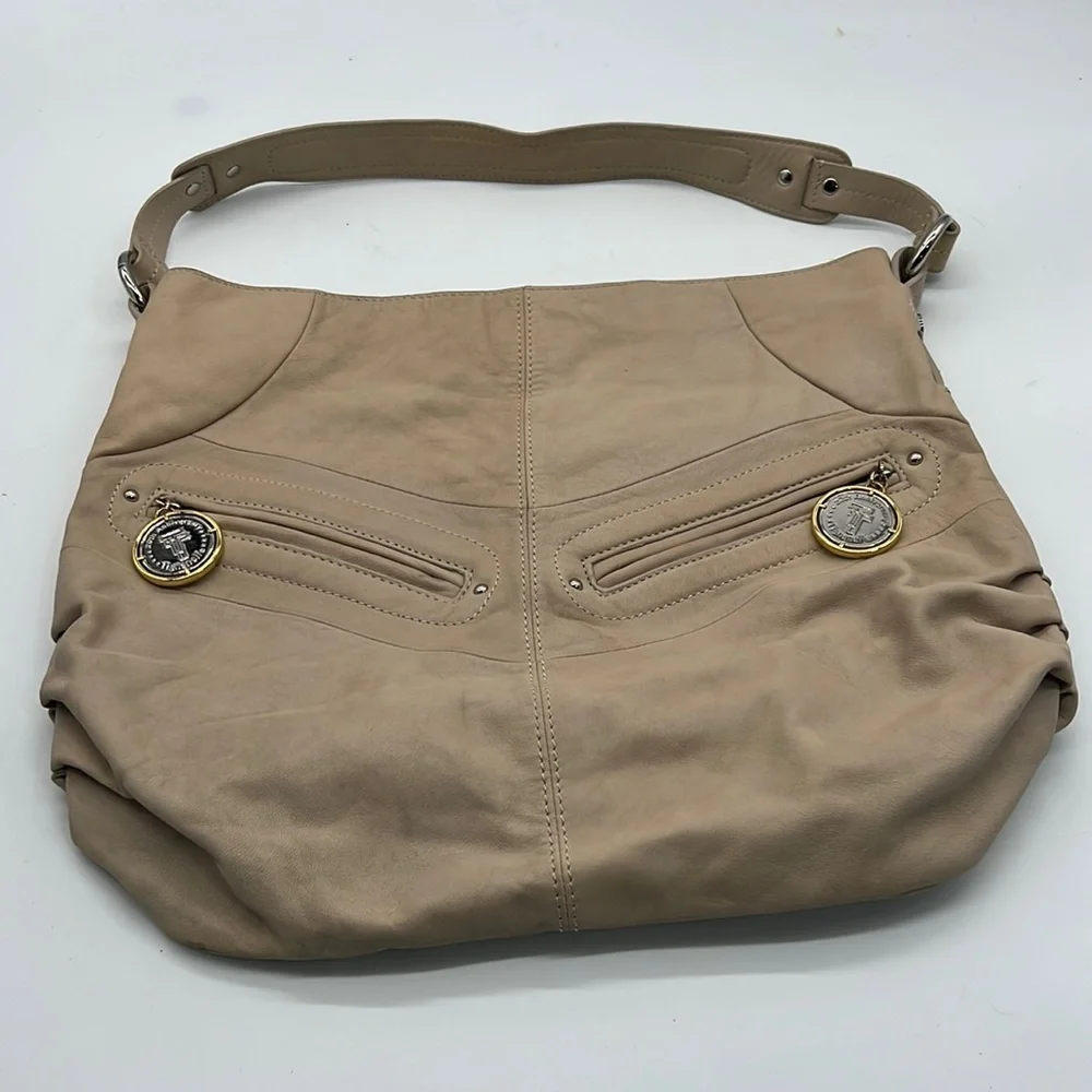 Tignanello Large Beige Leather Hobo Shoulder Bag